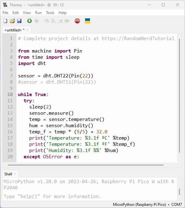 Скрипт датчика DHT в MicroPython Thonny IDE