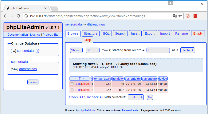 Таблица dhtreadings — две строки с данными