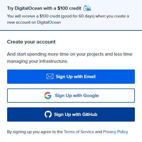 Форма регистрации Digital Ocean