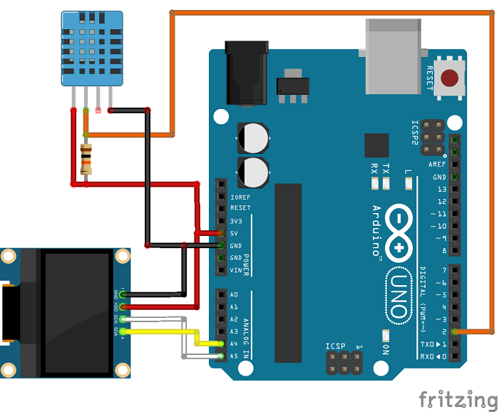 Схема подключения Arduino с DHT11 DHT22 и OLED-дисплеем