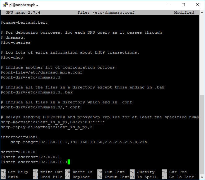 Файл dnsmasq.conf с настройками DHCP и DNS