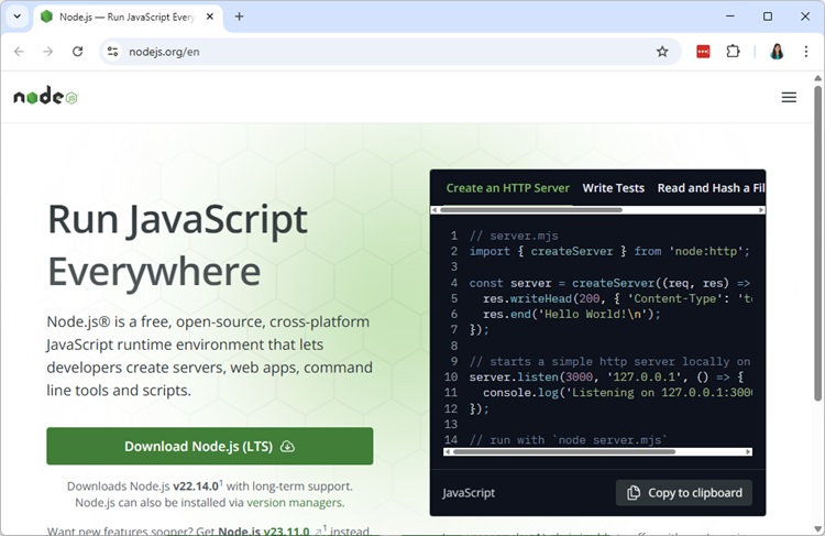 Скачивание Node.js LTS версии