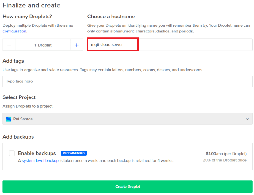Установка hostname и создание Droplet