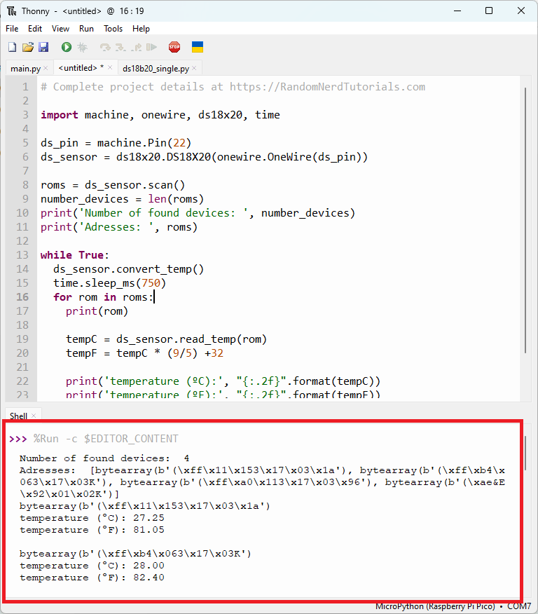 Демонстрация работы нескольких датчиков DS18B20 с Raspberry Pi Pico и MicroPython