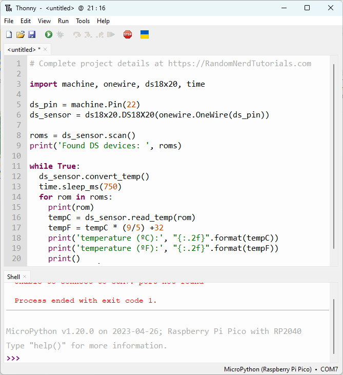 Код MicroPython DS18B20 в Thonny IDE для Raspberry Pi Pico