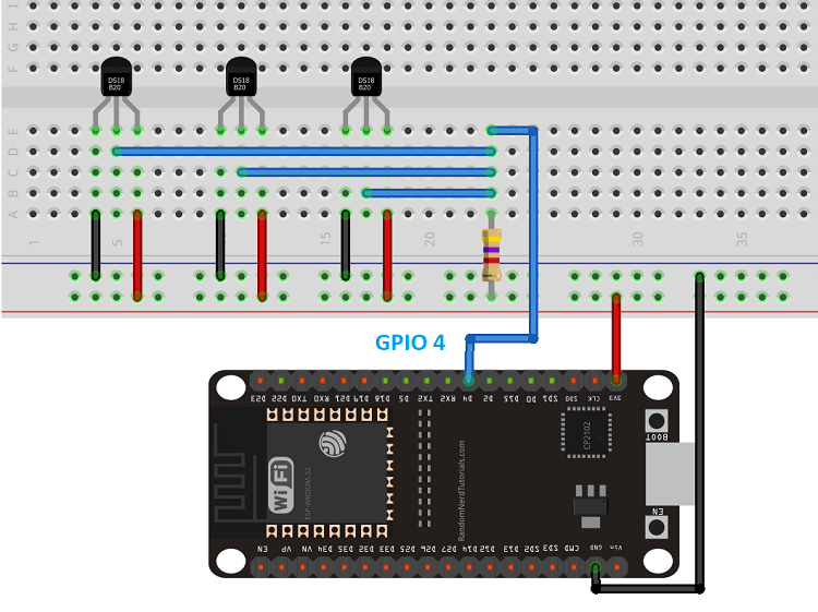 Схема подключения нескольких датчиков DS18B20 к ESP32