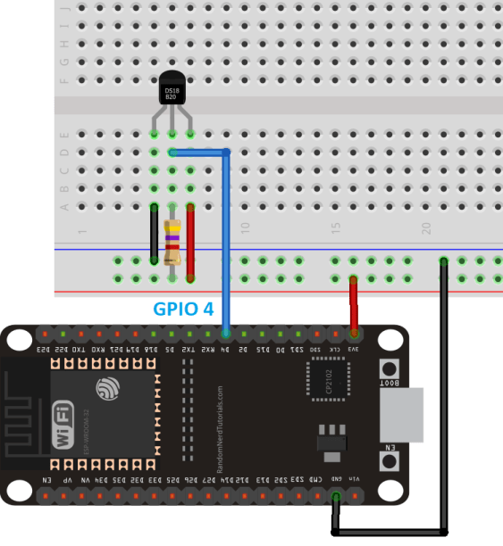 Схема подключения датчика температуры DS18B20 к ESP32 в обычном режиме