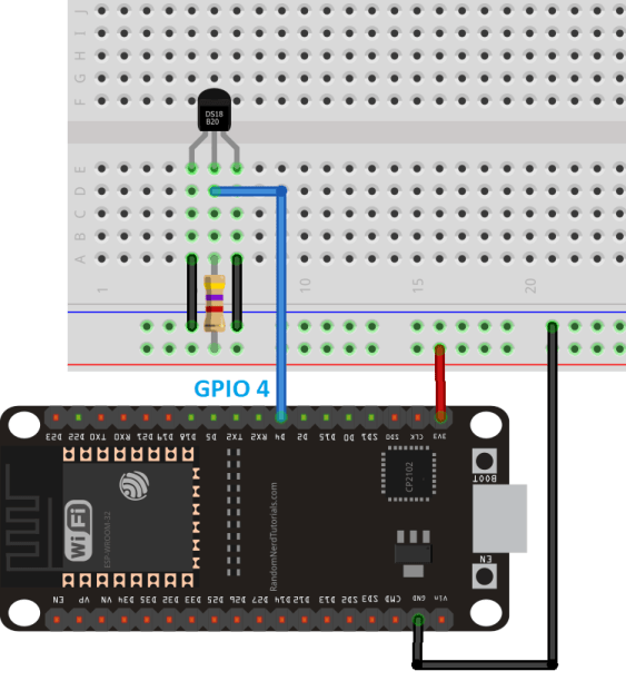 Схема подключения датчика температуры DS18B20 к ESP32 в паразитном режиме