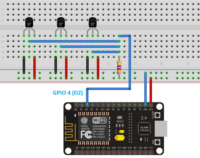 Схема подключения нескольких датчиков DS18B20 к ESP8266