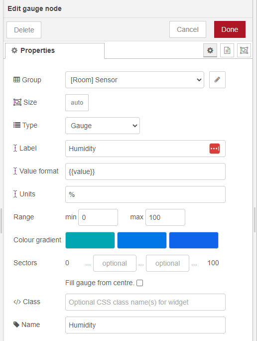 Редактирование узла gauge для влажности в Node-RED