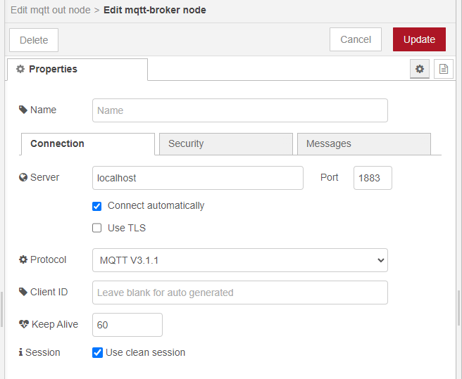 Редактирование узла MQTT-брокера в Node-RED
