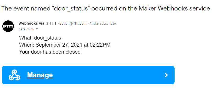 Полученное уведомление о состоянии двери по Email