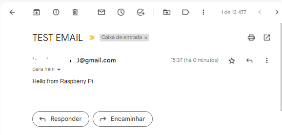 Электронное письмо получено от Raspberry Pi