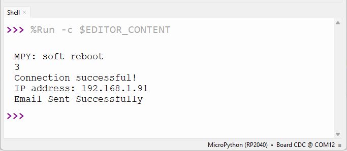 Raspberry Pi Pico - электронное письмо успешно отправлено