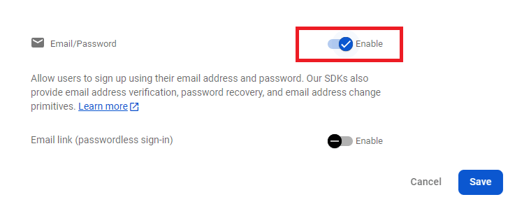 Включение аутентификации по Email/Password в Firebase
