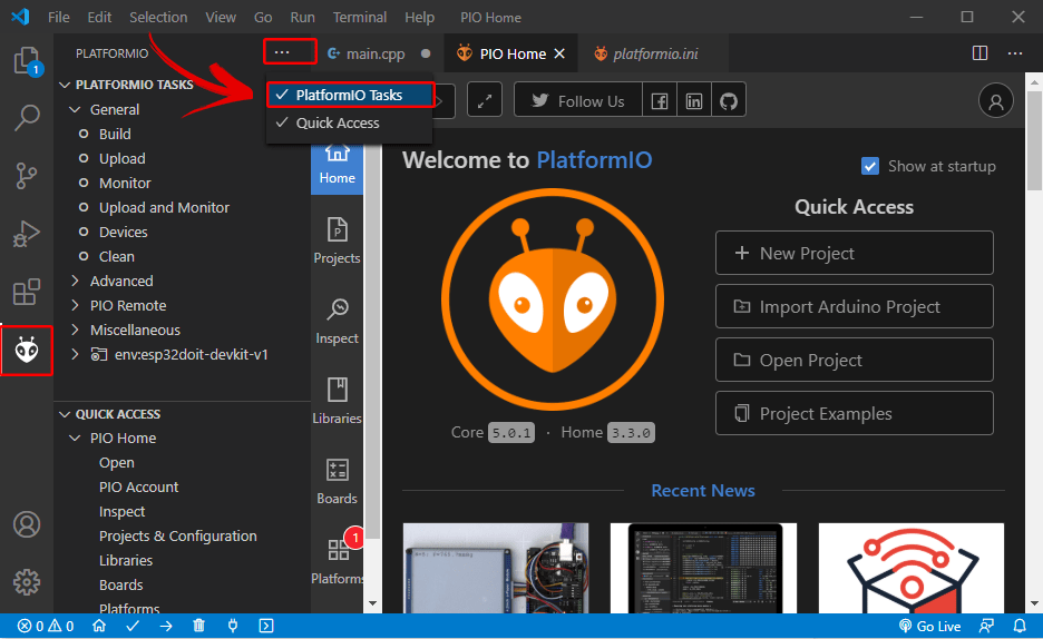 Включение задач расширения PlatformIO IDE