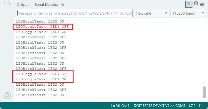 Пример бинарного семафора ESP32 - демонстрация Serial Monitor