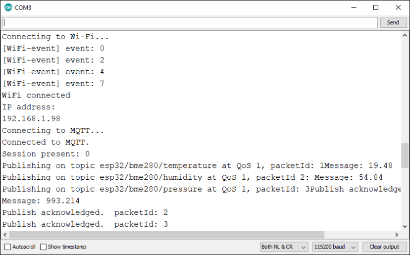 ESP32 публикация показаний BME280 MQTT монитор порта