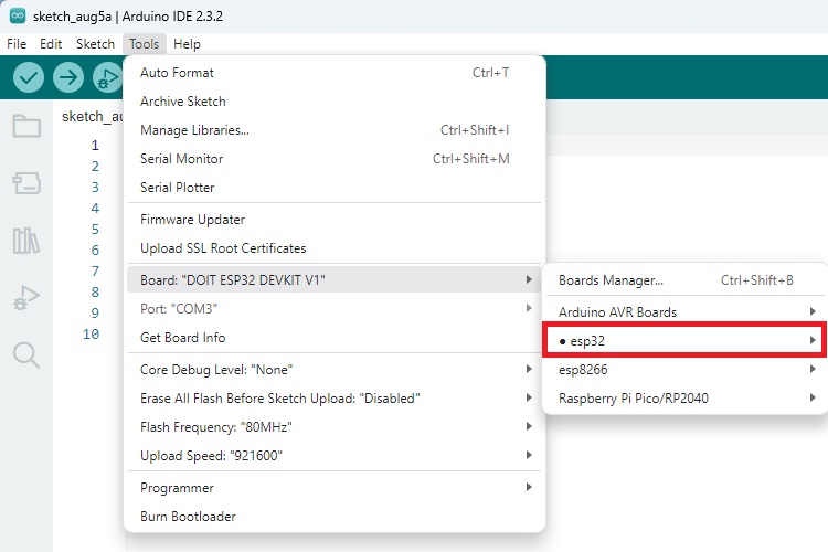 Платы ESP32 установлены в Arduino IDE 2