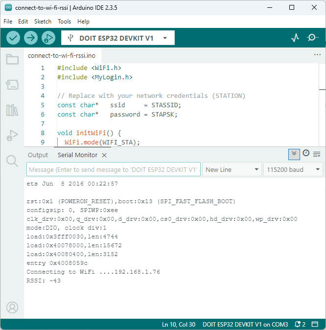 ESP32 подключается к Wi-Fi и выводит RSSI в Serial Monitor