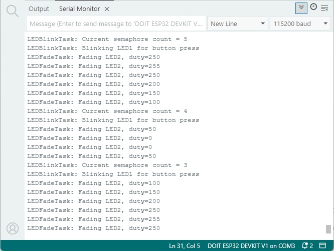 Счётный семафор ESP32 - демонстрация Serial Monitor