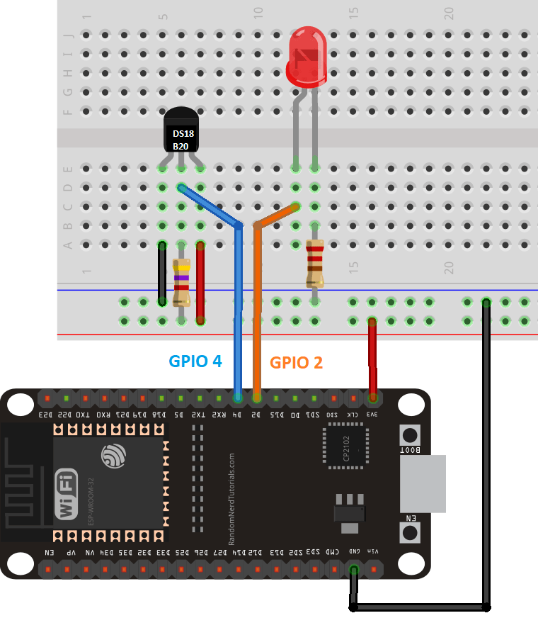 Схема подключения датчика температуры DS18B20 к плате ESP32