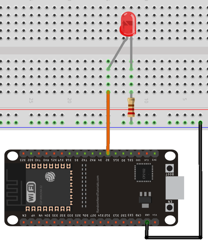 ESP32 со светодиодом, подключённым к GPIO2 через резистор 220 Ом
