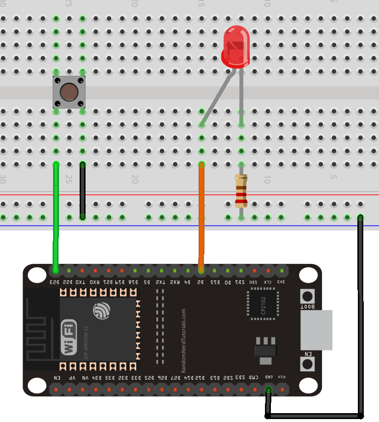 ESP32 со светодиодом на GPIO 2 и кнопкой на GPIO 23