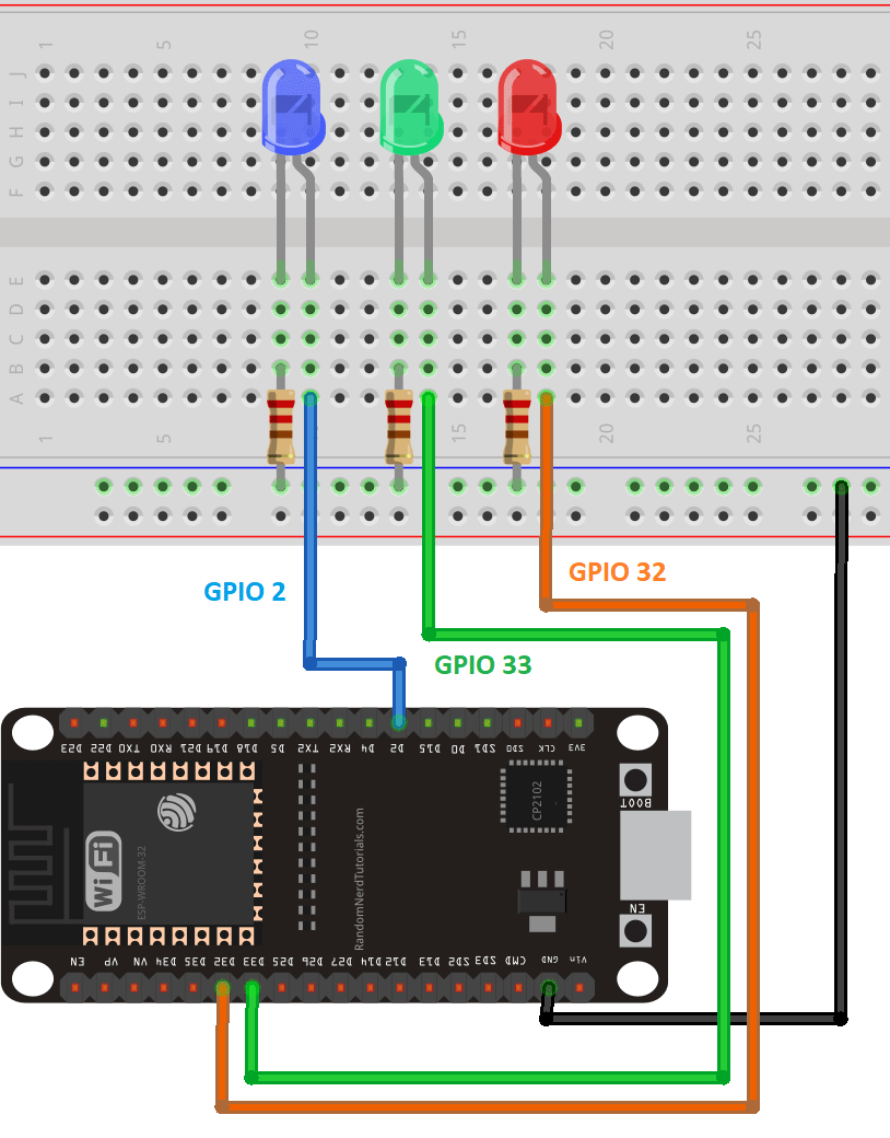 Схема подключения светодиодов к ESP32 для управления GPIO из любой точки мира