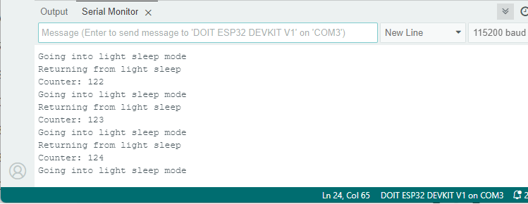 ESP32 Легкий сон с пробуждением по таймеру - Serial Monitor