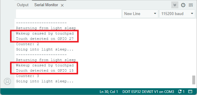 ESP32 легкий сон с сенсорным пробуждением - демонстрация