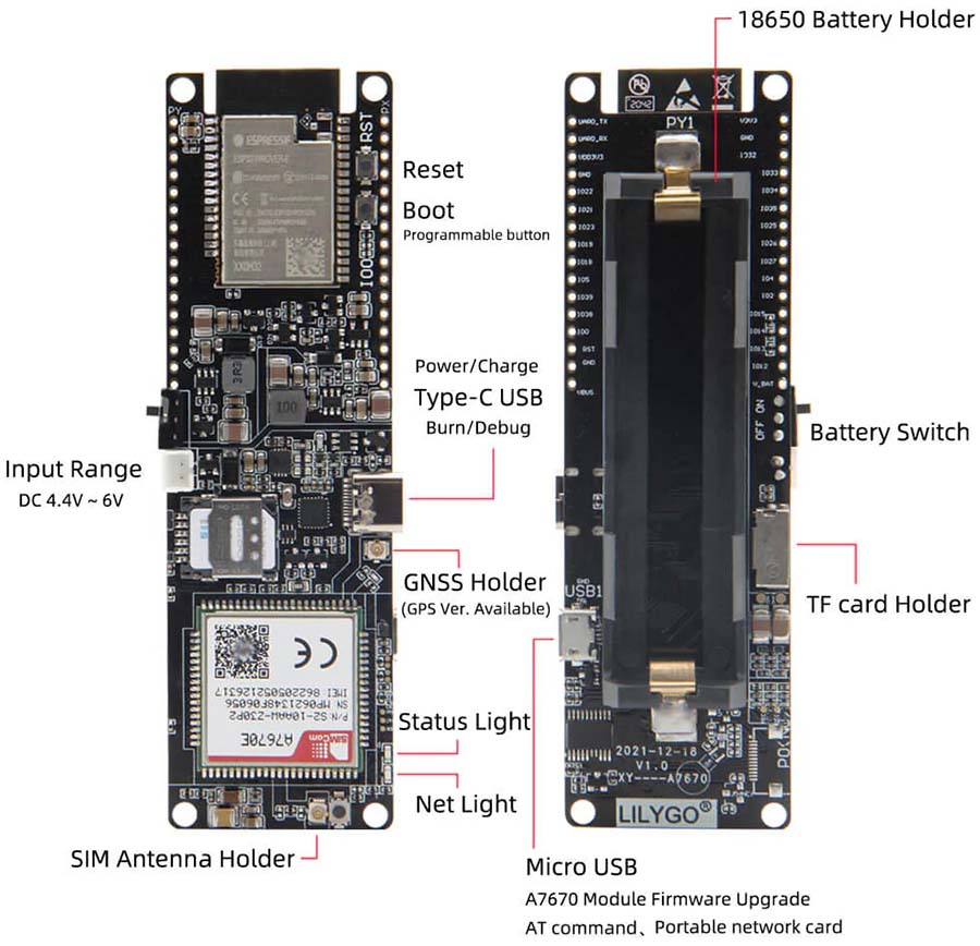 Обзор основных элементов платы ESP32 LILYGO TTGO T-A7670G