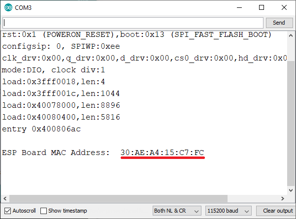 MAC-адрес платы ESP32 в Serial Monitor Arduino IDE