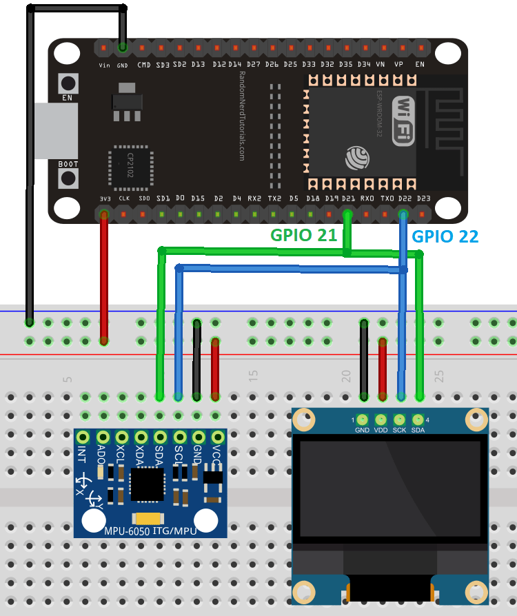 Схема подключения ESP32 с MPU-6050 и OLED-дисплеем