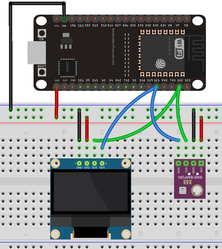 Схема подключения ESP32 с OLED дисплеем и BME280 к стандартным I2C пинам