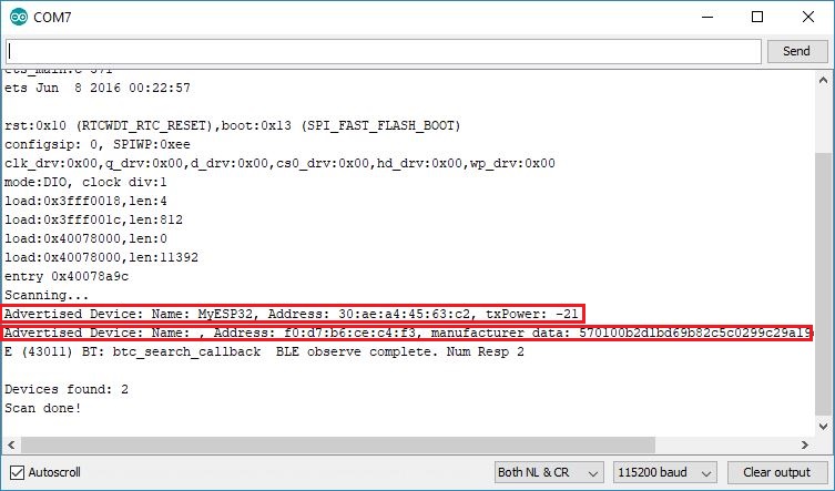Результаты BLE-сканирования в Arduino IDE