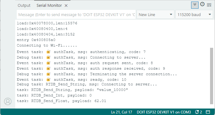 ESP32 отправка данных в Realtime Database Firebase -- демонстрация Serial Monitor