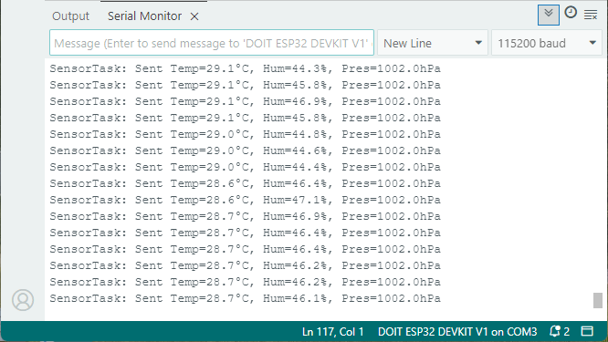 ESP32 Sensor Task (FreeRTOS) отображается в Serial Monitor каждые две секунды