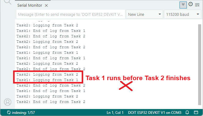 Общий Serial вывод ESP32 без мьютекса. Одна задача запускается до того, как другая завершила работу