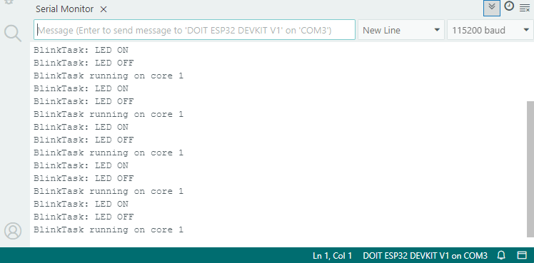 ESP32 с одной задачей FreeRTOS - демонстрация Serial Monitor