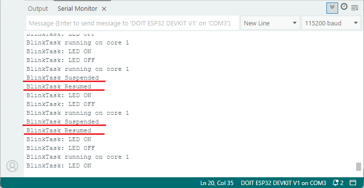 ESP32 приостановка и возобновление задач FreeRTOS - демонстрация Serial Monitor