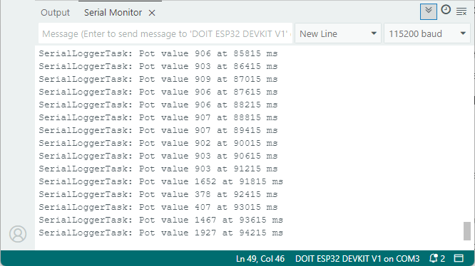 ESP32 с задачей FreeRTOS, выводящей данные в Serial Monitor - демонстрация