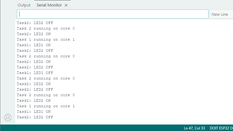 ESP32 с задачами на двух ядрах - демонстрация Serial Monitor