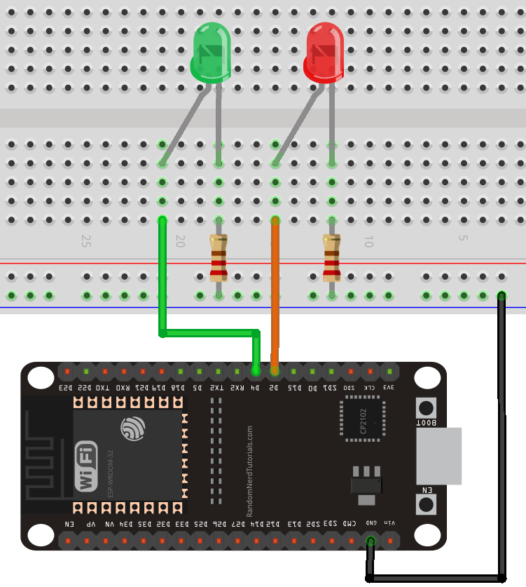 Два светодиода подключены к ESP32 - один на GPIO2, другой на GPIO4