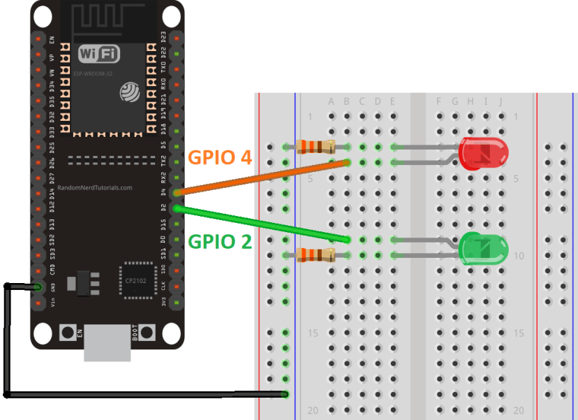 Схема подключения двух светодиодов к ESP32 для примера работы с двумя ядрами