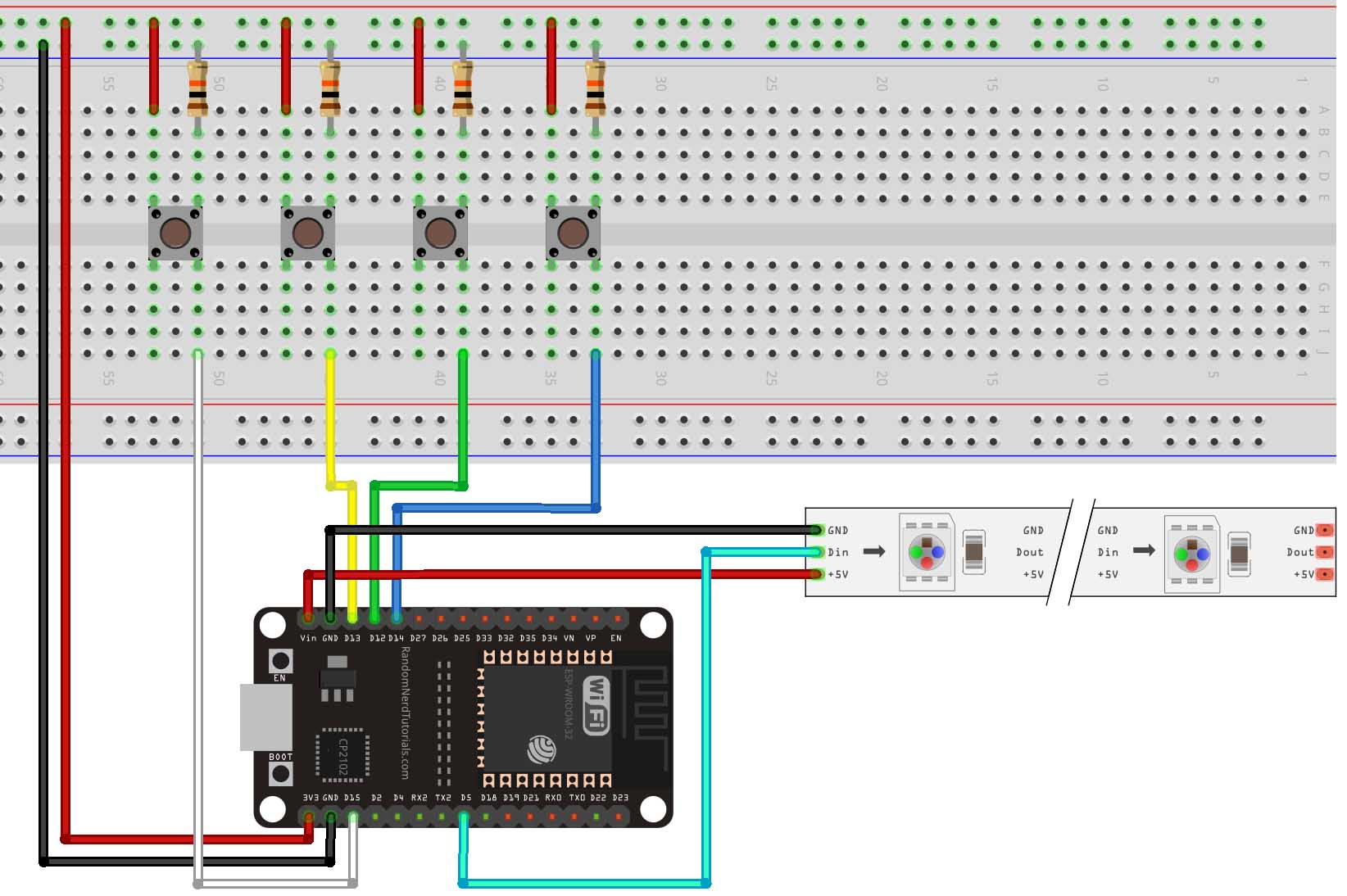ESP32 NeoPixel с кнопками — схема подключения WS2812B