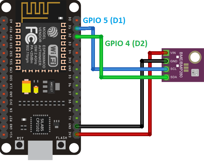 Схема подключения ESP8266 NodeMCU с датчиком BME280 (температура, влажность, давление)