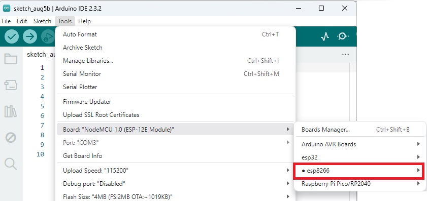 Платы ESP8266 установлены в Arduino IDE 2