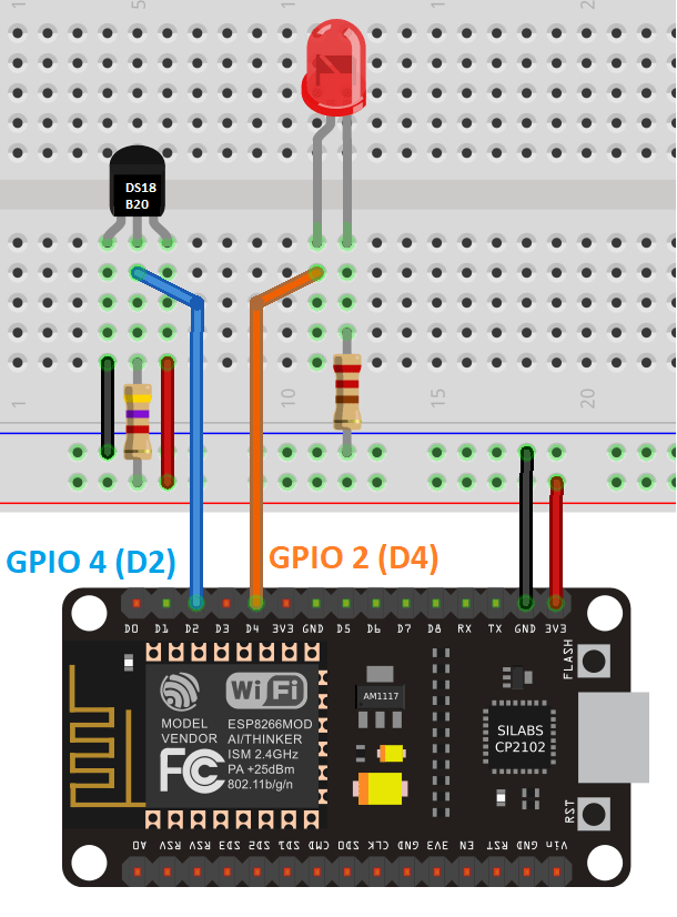 Схема подключения датчика температуры DS18B20 к плате ESP8266 (NodeMCU)
