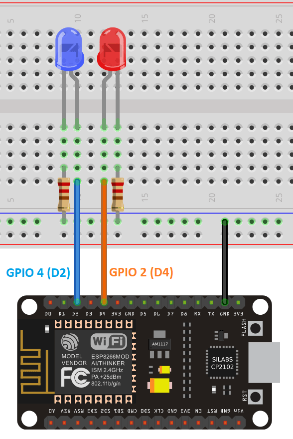 Схема подключения светодиодов к ESP8266 для управления GPIO из любой точки мира